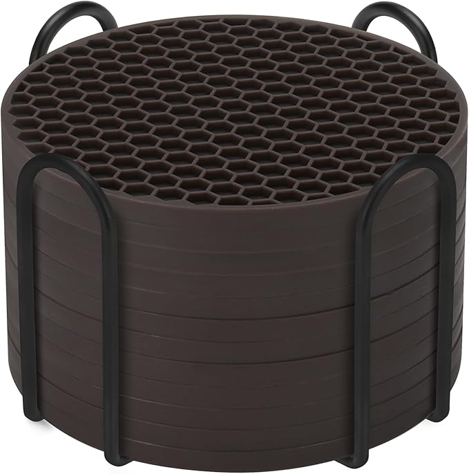 Silicone Coasters Set of 12 with Holder,Coasters for Drinks,Beer,Coffee Coasters,Suitable for Kinds Cups,Hot or Cold,Anti-SLI,Non-Stick,Anti-Overflow Tabletop Protection and Decor (12 Pcs, Coffee)