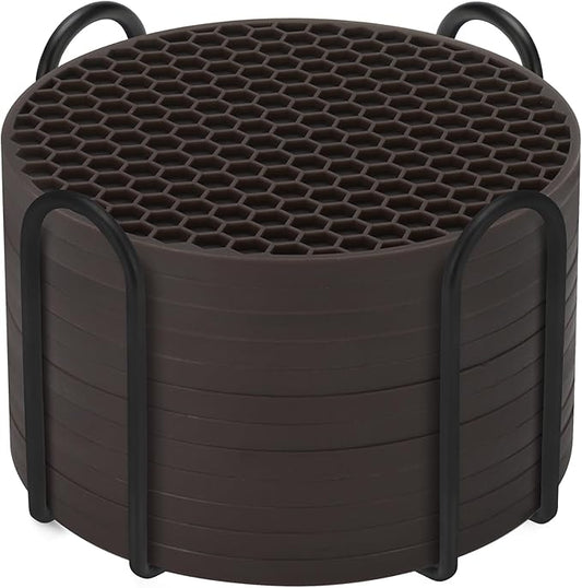 Silicone Coasters Set of 12 with Holder,Coasters for Drinks,Beer,Coffee Coasters,Suitable for Kinds Cups,Hot or Cold,Anti-SLI,Non-Stick,Anti-Overflow Tabletop Protection and Decor (12 Pcs, Coffee)