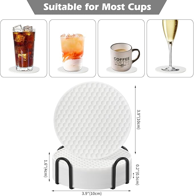 Coasters Set of 6 with Holder,Coasters for Drinks,Coffee Table Decor Coaster,Suitable for Kinds Cups,Anti-Slip,Non-Stick,Silicone Cup Coaster and Living Room Decor (6 Pcs, White)