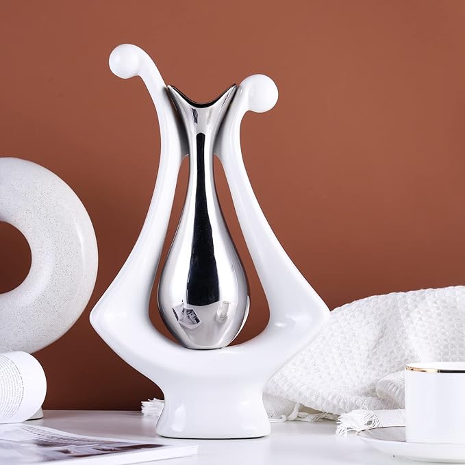 White Silver Abstract Art Ceramic Vases for Home Décor Accent,Nordic Modern Minimalist Vases for Flowers,Shelf,Table Centerpieces,Bookshelf,Fireplace Mantle,Rustic,Wedding,Mid Century Décor