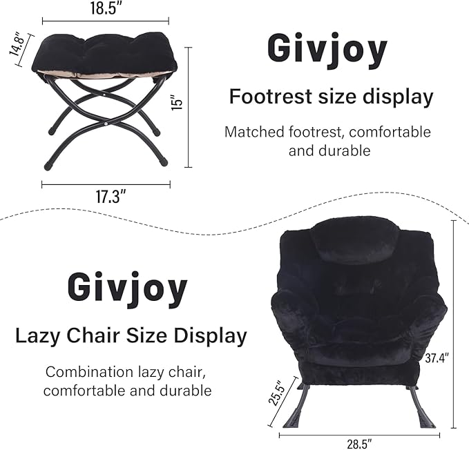 Plush Lazy Chair and Ottoman, Large Contemporary Accent Lounge Chair with Armrests and a Side Pocket, Modern Leisure Upholstered Sofa Reading Armchair with Footrest for Bedroom, Living Room