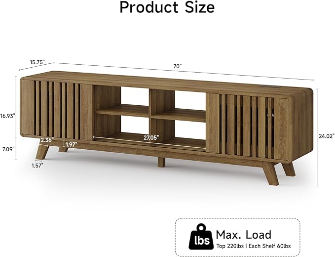 ONBRILL 70-Inch TV Stand for TVs up to 80 Inch, Mid-Century Modern Television Stand with Power Outlet， Entertainment Center with Sliding Grille Door Cabinets and Open Shelves for Living Room, Oak