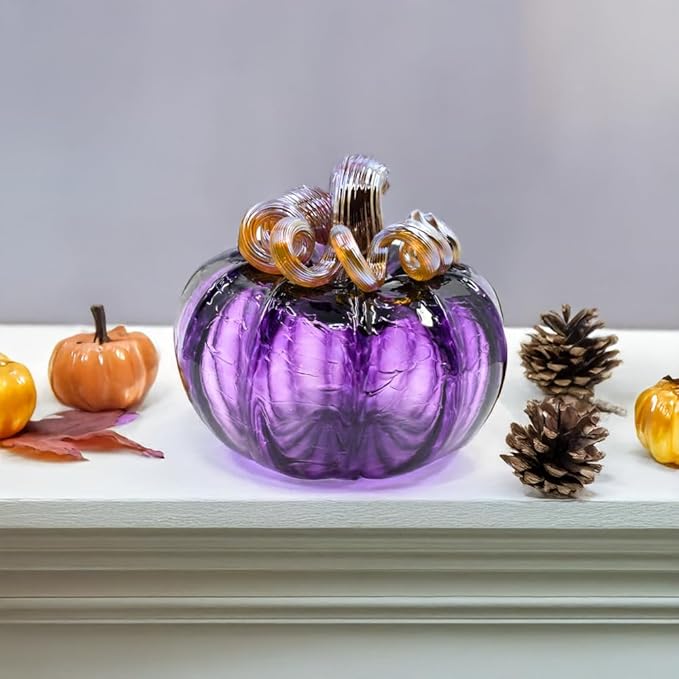 Luke Adams Glass Handmade Glass Pumpkins Handmade Table Top Home Decor (Squat, Plum)