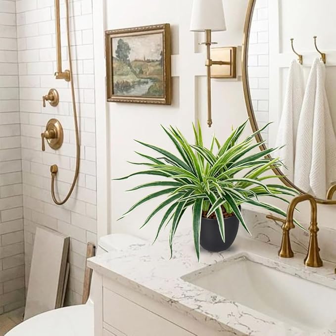 Fake Hanging Plant, Faux Spider Plant in Pot Artificial Grass Plants 12 Inch Faux Chlorophytum Comosum Potted Plants for Home Office Table Shelf Desk Kitchen Bathroom Bedroom Decor
