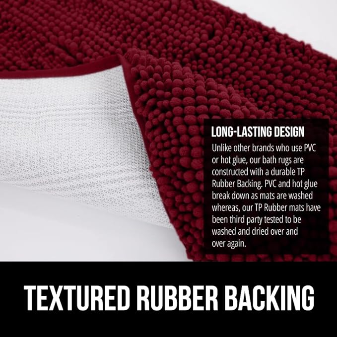 GORILLA GRIP Plush Absorbent Shaggy Chenille Bath Rug Mat for Square Toilet Base with Rubber Backing, Machine Washable Rugs, Soft Microfiber Contour Mats for Toilets, Bathroom Decor, Burgundy