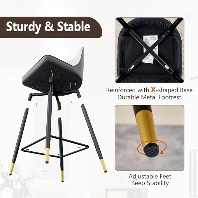 Counter Height Bar Stools Set of 2,27" Modern Bar Stools with Back,Upholstered Counter Height Bar Stool with Sturdy Metal Footrest,Kitchen Island Chairs for Home Pub (White-Grey,2)