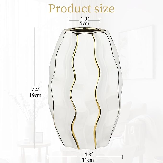 White & Gold Ceramic Flower Vase - 7.4" Modern Vertical Stripe Pottery Wave Vase | Ribbed Textured Flower Vase for Home Decor Bedroom Office Living Room Bathroom Table Centerpiece