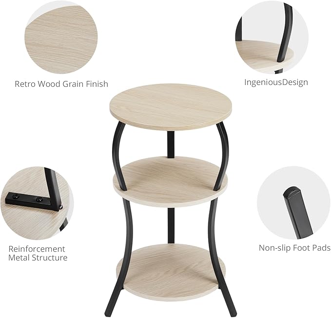 Vintage Small Round Side Table, 3-Tier Slim Waist Circular End Table with Storage Shelf, Compact Tea Sofa Side Table, Round Corner Coffee Table Nightstand for Living Room Bedroom Small Spaces,Oak