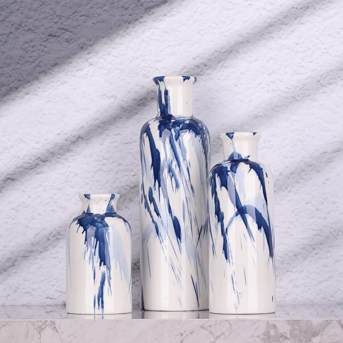 Blue Ceramic Vase Set of 3 - Decorative Navy Blue and White Vase for Centerpieces, Farmhouse and Home Decor - Ideal for Living Room, Kitchen, Bedroom, Dining Table and Office Decor