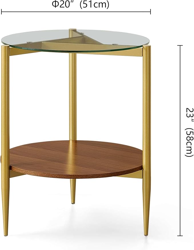 Round End Table, Mid-Century Modern Design, D20*H23 inch, for Living Room, 2-Tier Structure, Clear Glass Top and Walnut MDF Shelf, Sleek Conical Metal Legs with Gold Finish