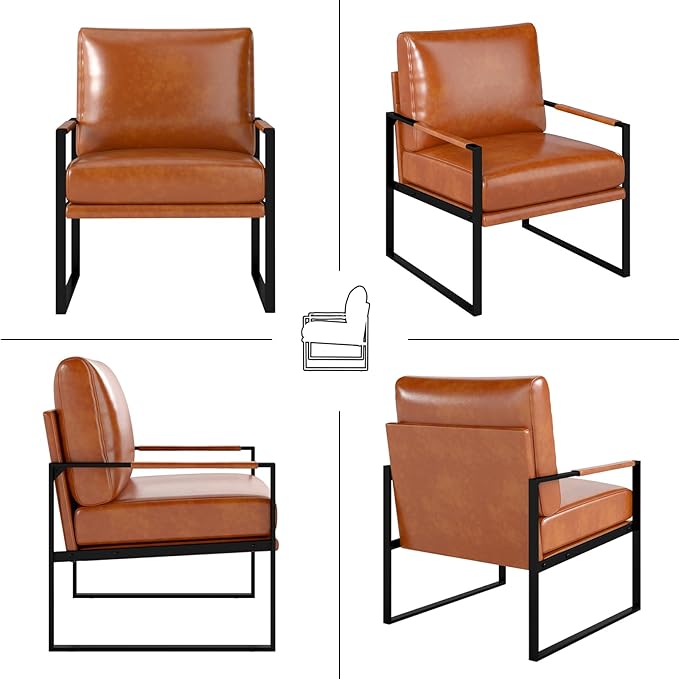 Phoenix Home Mid Century Modern Faux Leather Accent Chair Set of 6, Metal Framed Armchair with Extra Soft Removable Seat Cushion & Backrest for Living Room Bedroom Waiting Room, Easy to Clean, Brown
