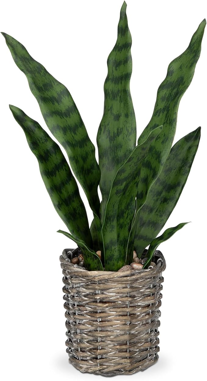 DILATATA Artificial Snake Plant 15 Inch Fake Sansevieria with Woven Basket Pot, Fake Mother in Law Plants Faux Potted Plant Greenery for Home Office Decor Indoor - Green