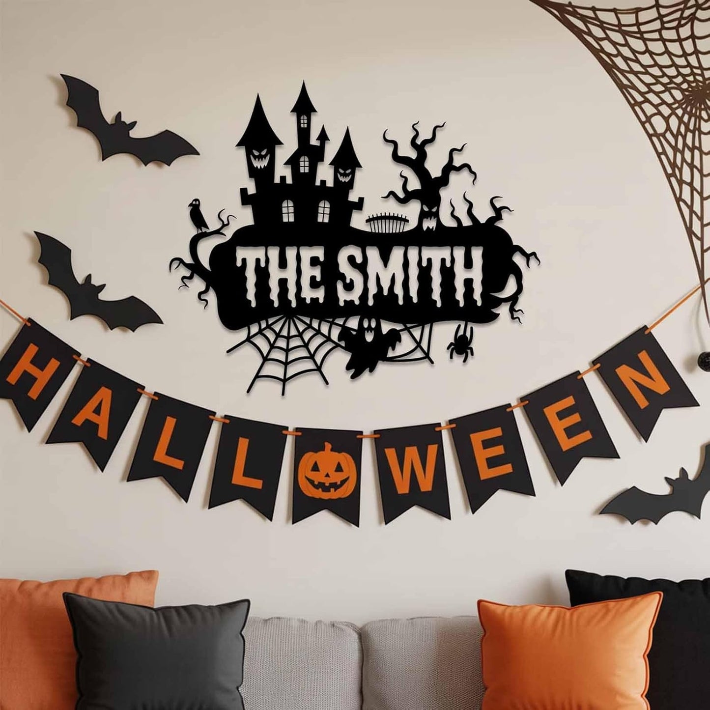 Personalized Haunted House Sign, Custom Family Name Metal Signs, Halloween Metal Wall Art with Witch Bats Pumpkins Skull Ghost Spider, Scary Halloween Decorations, Gothic Home Decor for Home