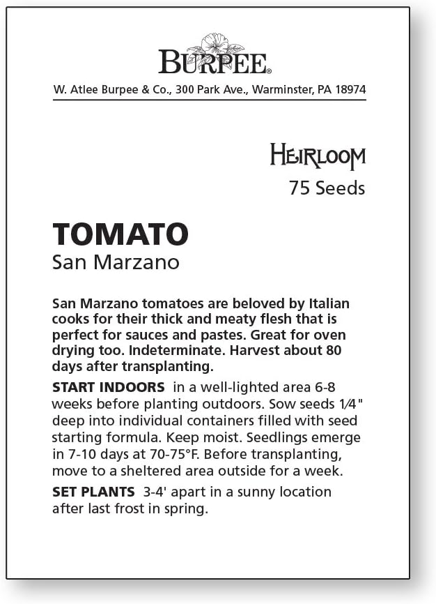 Burpee 'San Marzano' Heirloom, Paste Tomato, 75 Non-GMO Seeds