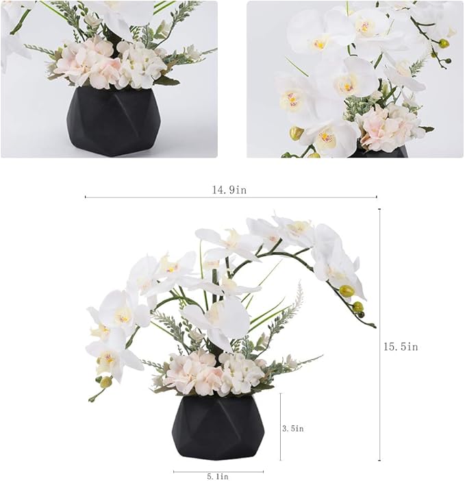LESING Artificial Potted Orchid Flower for Table Centerpieces,Real Touch White Fake Orchid Flowers in Vase for Home Decoration (Style 2,Black Vase)