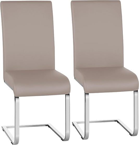 Yaheetech Dining Chairs Set of 2 Modern Faux Leather Upholstered Dining Room Chairs with High Back and Metal Chrome Legs for Kitchen/Living Room/Restaurant, Light Brown