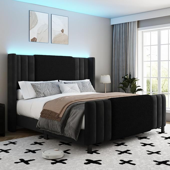 King Size Bed Frame with Tall Headboard and Footboard, Boucle and Velvet Upholstered Bed Frame King with LED Lights, Modern Platform Bed Frames, Noiseless, Easy Assembly, Black