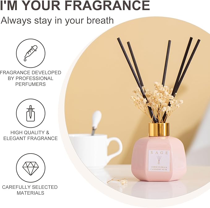 SAGE Hotel Reed Diffuser - Inspired Shangri-La Room Scent | 3.4oz Lavender & Cashmere Musk Scent Diffusers for Home | Preserved Flower & Oil Diffuser Sticks | Nightstand or Bathroom Decor for Shelves