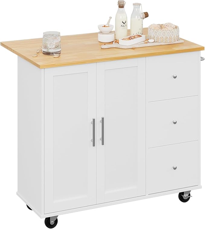 Shintenchi Rolling Kitchen Island Cart with Folding Drop Leaf Breakfast Bar, Portable Trolley Island with Large Storage Cabinet, Shelf and Drawer, White