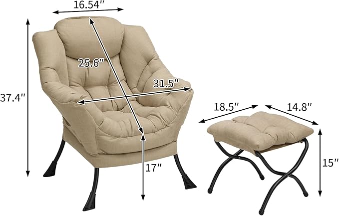 HollyHOME Fabric Lazy Chair with Foldable Ottoman, Accent Comfy Lounge Arm Chair and Folding Footrest Stool Set, Leisure Sofa Reading Chair and Footstool for Living Room, Bedroom, Dorm, Coffee&White