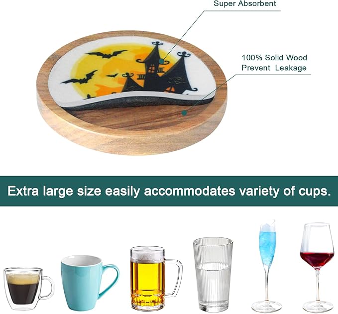 Halloween Coasters Set of 6, Unique Coaster, Minacun Absorbent Coasters with Holder Halloween Thanksgiving Themed Party Decoration 4.3 Inch