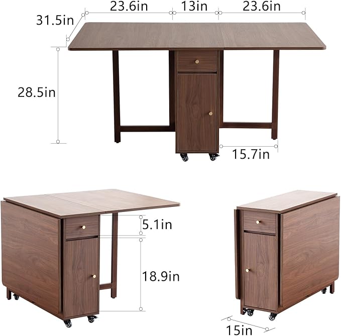 Extendable Drop Leaf Foldable Dining Table with 2 Drawers and 4 Wheels for Living Room Kitchen Farmhouse Space Saving Table in Walnut