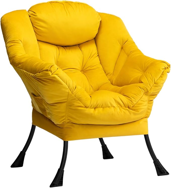 HollyHOME Modern Fabric Large Lazy Chair, Accent Oversized Comfy Reading Chair, Thick Padded Cozy Lounge Chair with Armrest, Steel Frame Leisure Sofa Chair for Living Room, Bedroom, Dorm, Yellow
