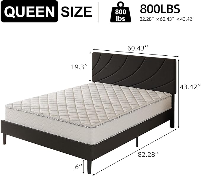 HOMBCK Queen Size Bed Frame with Adjustable Headboard, Queen Bed Frame with Linen Fabric Upholstered, Strong Wooden Slats, No Box Spring Needed, Noise Free, Easy Assembly, Black