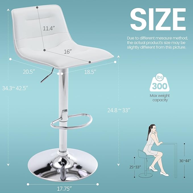 Brage Living Adjustable Bar Stools Set of 2, Modern PU Leather Swivel Counter Height Barstools with Back, Armless Airlift Curved Bar Chairs for Kitchen Dining Cafe (Pearl White)