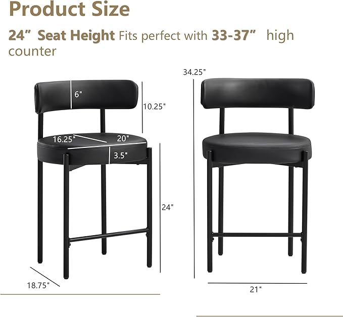 24'' Faux Leather Bar Stools Set of 4, Counter Height Bar Stools with Backs, Upholstered Counter Chairs for Kitchen Counter (Vegan Leather,Black)