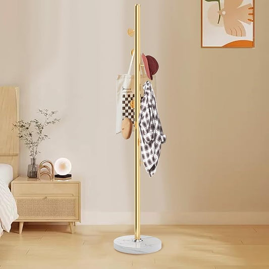 Metal Coat Rack Freestanding, Sturdy Coat Rack Stand with Natural Marble Base, Modern Golden Coat Racks Tree Hats Hanger Holder Stand for Entryway, Hallway, Bedroom