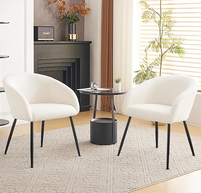 Modern Small Accent Chair Set of 2, Comfy Sherpa Makeup Vanity Chair with Metal Legs, Decorative Chair no Wheels for Living Room, Dressing Room, Bedroom, White