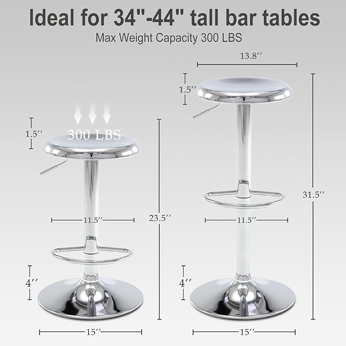 Bar Stools - 2 Pack, Adjustable Swivel Height Counter Bar Stool, Modern Metal Barstools, Backless Barstool for Bar, Kitchen Island, Pub, Silver