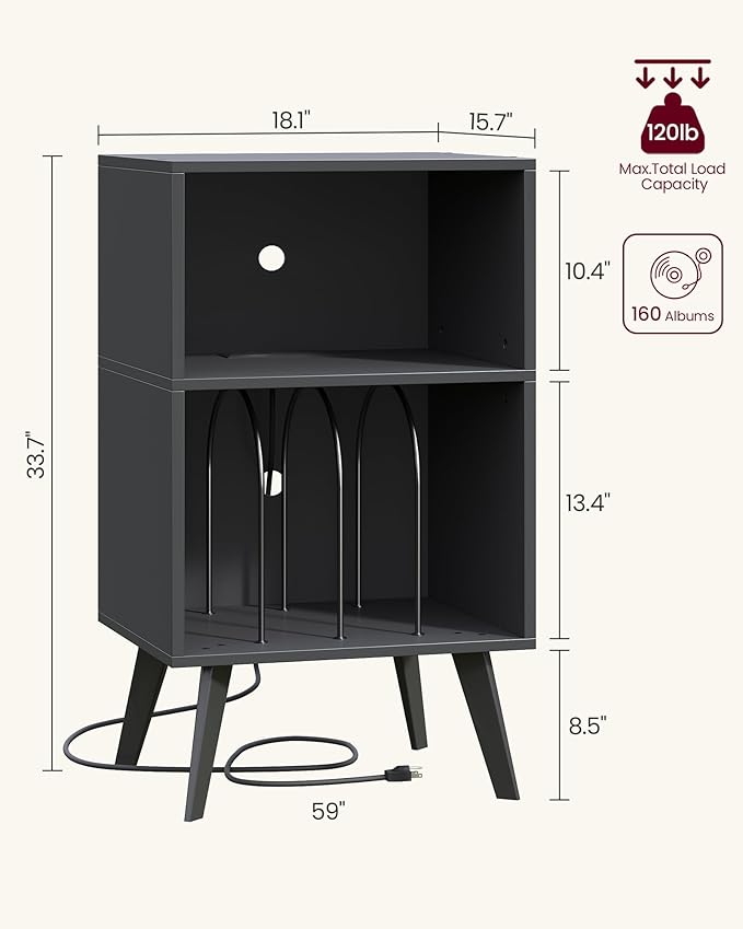 Record Player Stand, 3-Tier Side End Table with Charging Station, Turntable Stand Up to 160 Albums, Vinyl Storage Cabinet Dispaly Shelf for Living Room, Classic Black