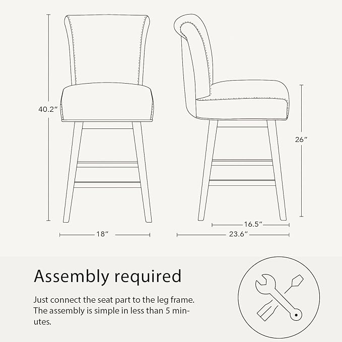 CHITA 26 Inch Counter Height Swivel Bar Stools Set of 2, FSC Certified Modern Upholstered Swivel Barstool Chairs with Back, Fabric in Linen