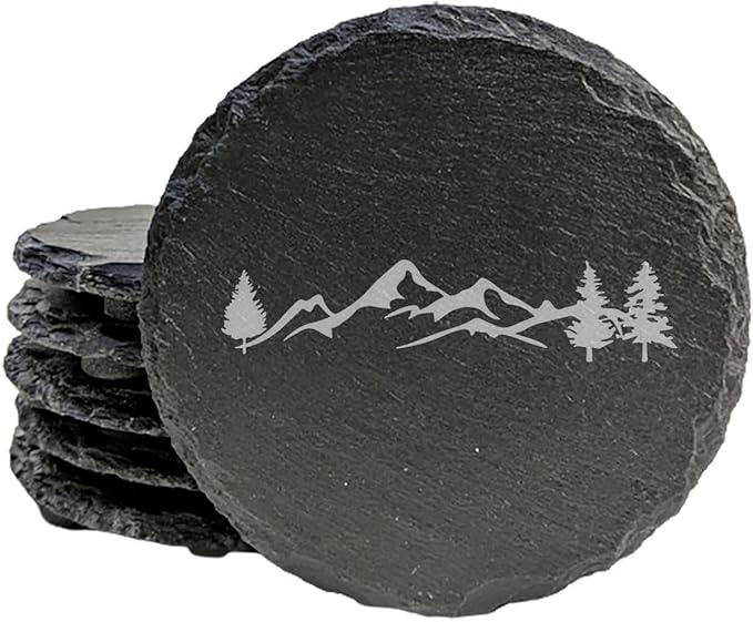 Mountain Majesty Slate Coasters with Stunning Mountain Scene Design - Perfect for Home and Office Decor and Protection of Surfaces, Available in Square or Round Coasters - Round Slate - Set of 4