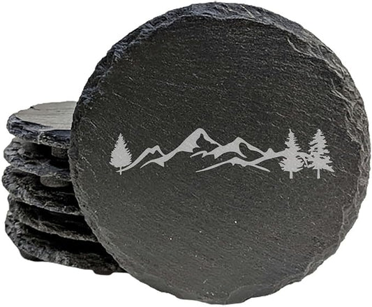 Mountain Majesty Slate Coasters with Stunning Mountain Scene Design - Perfect for Home and Office Decor and Protection of Surfaces, Available in Square or Round Coasters - Round Slate - Set of 4