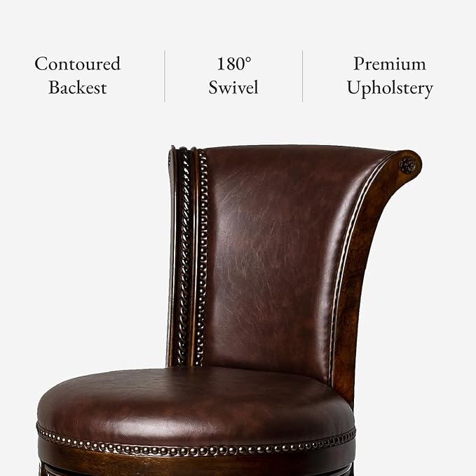 Maven Lane Pullman Counter Stool 26 Inches – Set of 2 – Swivel Stools with Footrest – Brown Solid Wood Frame & Brown Faux Leather Upholstery – Perfect for Kitchen Islands & Counters
