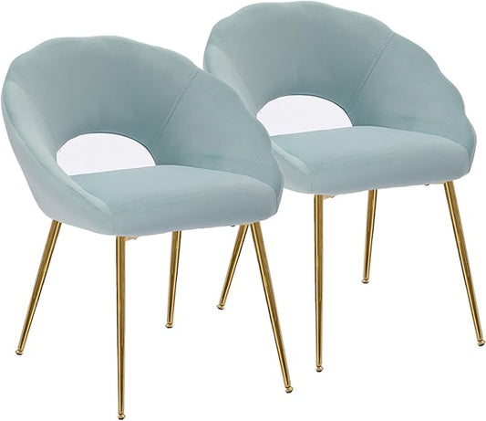 Modern Small Accent Chair Set of 2, Comfy Velvet Vanity Chair with Shell Back & Golden Metal Legs, Decorative Chair no Wheels for Living Room, Makeup Room, Bedroom, Green