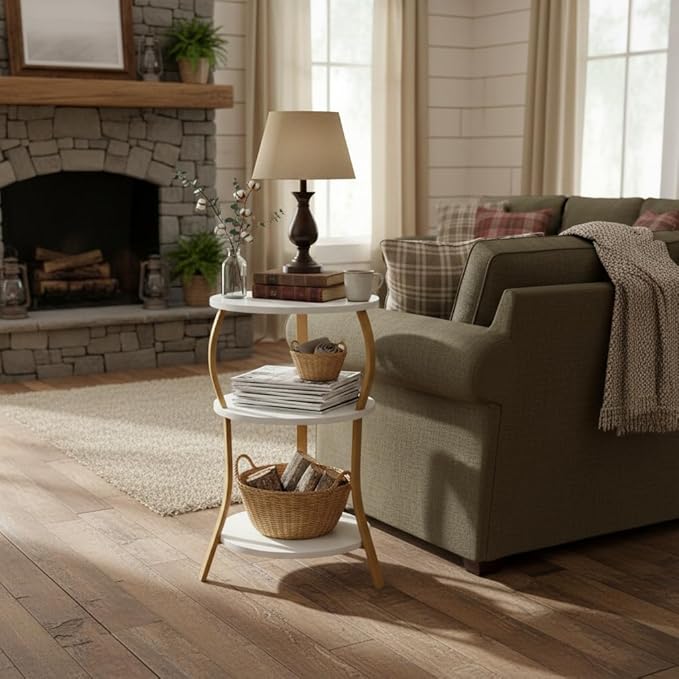 Vintage Small Round Side Table, 3-Tier Slim Waist Circular End Table with Storage Shelf, Compact Tea Sofa Table, Round Corner Coffee Table Nightstand for Living Room Bedroom Small Spaces,White+ Gold