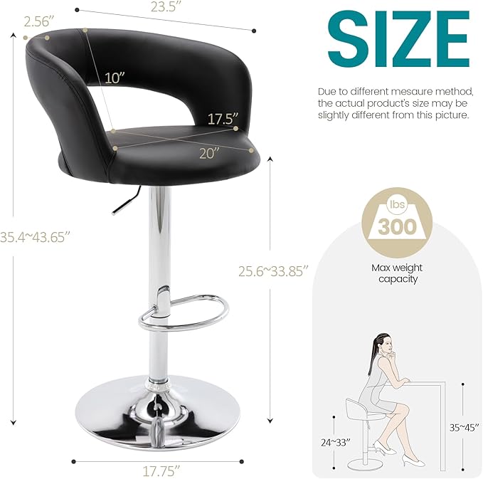 Brage Living Wide Bar Stool, Modern PU Leather Swivel Adjustable Barstool with Hollow Back and Arms, Upholstered Airlift Counter Height Bar Chair for Kitchen Dining (Black)