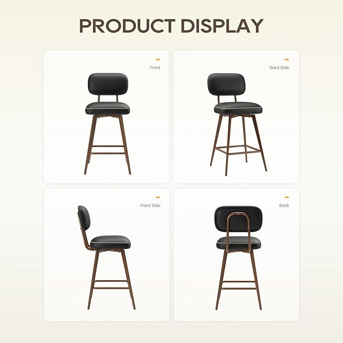 Swivel Bar Stools Set of 3, Mid Century PU Leather Counter Height Bar Chairs with Low Back and Metal Legs, Modern Bar Stool Chair for Kitchen Island, Black