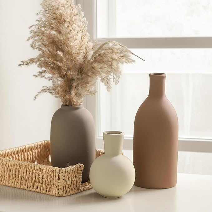 Ceramic Vase Set of 3, Vases Home Decor, Neutral Rustic Modern Farmhouse Decor, Pottery Vases for Pampas Grass Dried Fresh Flowers, Living Room Kitchen Bedroom Bathroom Entryway Mantel Shelf (Brown)
