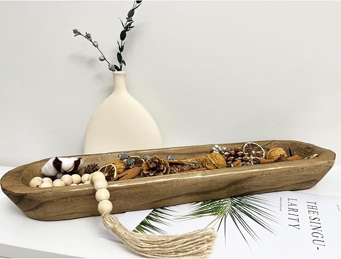 Wooden Dough Bowl Decor, Vintage Wooden Bowl Hand Carved Home Decor for Dining Table Center, Living Room, Kitchen Decor. (20inch brown)