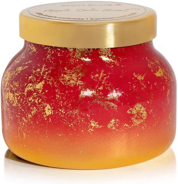 Capri Blue Glimmer Petite Signature Jar Candle - Apple Cider Social Scented Candle with Ombre Glass Candle Holder - Luxury Aromatherapy Candle - Red and Gold (8 oz)