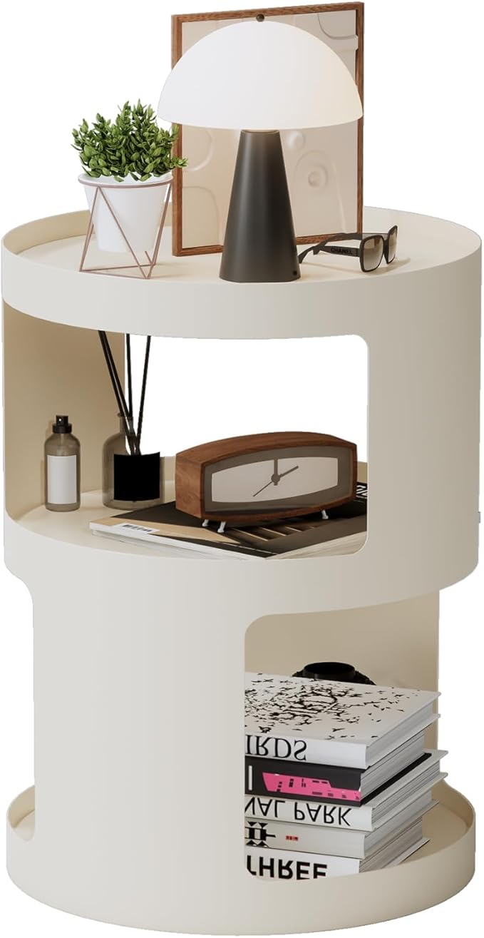 XIV Side Table, Round End Table, Modern Nightstand, Metal Accent Table, Small Bed Side Table for Living Room Bedroom, Bedside Table, Night Stand, No Assembly Required (Off White, Round)
