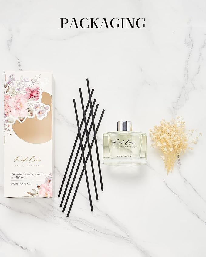 M&SENSE Reed Diffuser Set with 7 Sticks | 7.0oz Fresh Linen & Lemon Scent, Home Fragrance Flame Free Diffuser for Housewarming Gifts, Long Lasting Room Fresheners Shelf Décor with Flower