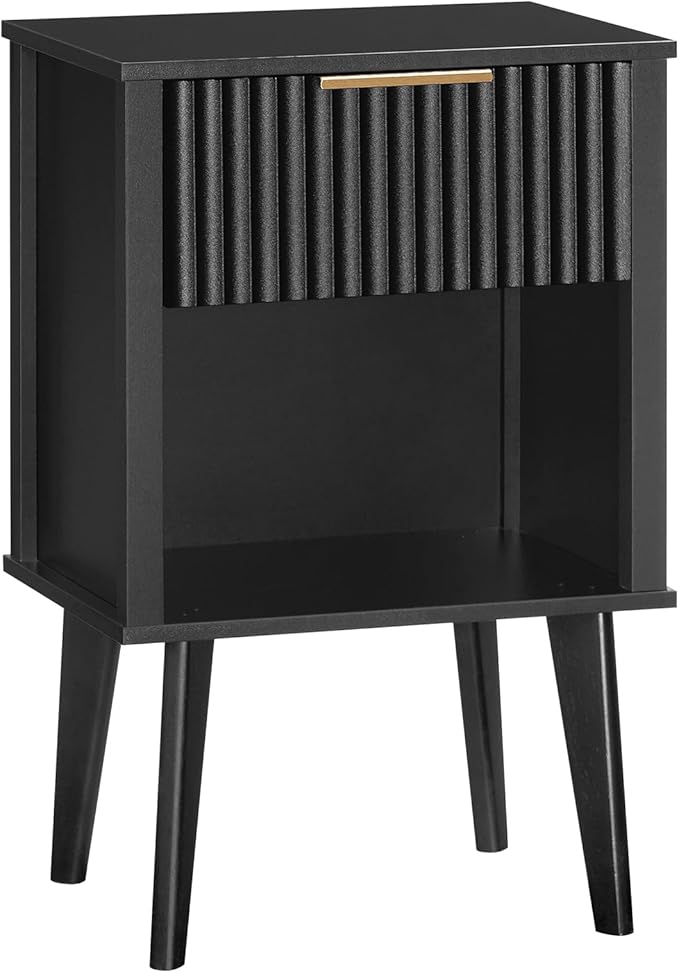End Table, Fluted Night Stand, Modern Side Table, Bedside Table with 1 Drawer and 1 Open Compartment, Mid Century Nightstand, for Living Room, Bedroom, Study, Office, Black ETBK6201