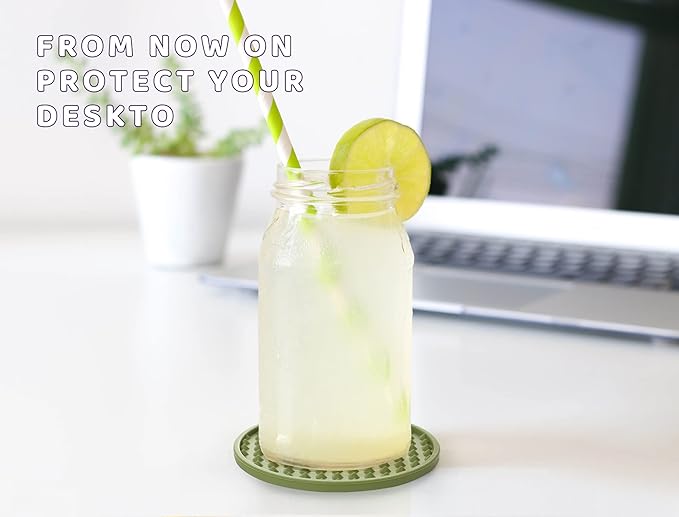 Coasters for Drinks 6 Pcs Plastic Coaster with Holder,Heat Resistant Silicone Cup Mat Tabletop Protection,Non-Slip Rubber Coasters for Kinds of Cups (Green)