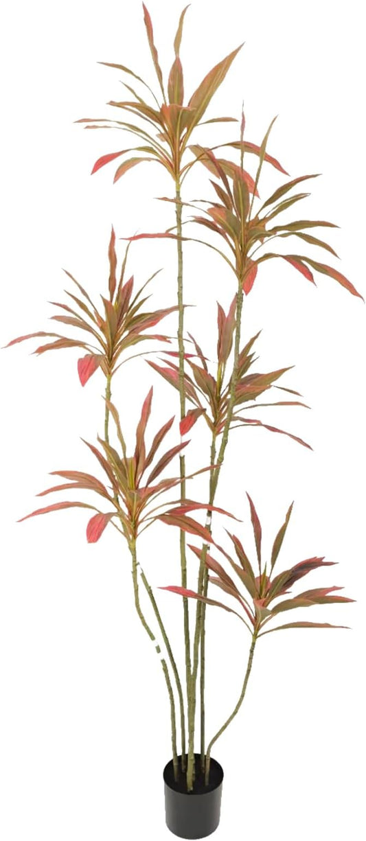 Artificial Cordyline Plant, Indoor Potted Plant, 6 Stems with Black Planter, Suitable for Large Indoor Living Room Decorations, Potted Plants, and Window Display Scenes (Red-7ft)